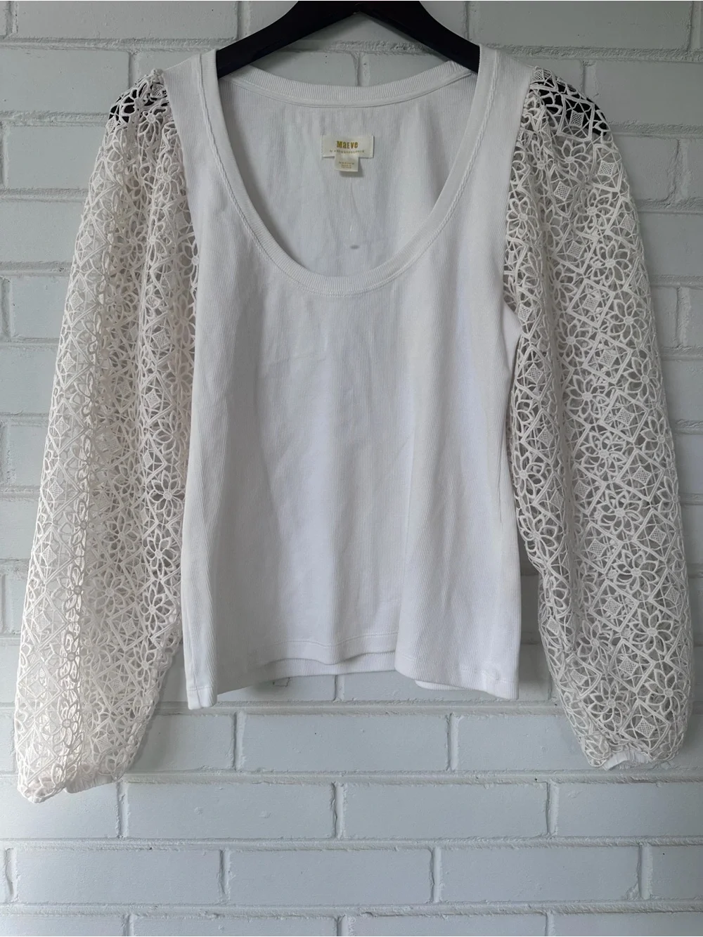 Anthropologie Maeve Lace-Sleeve Ribbed Top - White